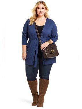 F&F Women's Blue Long Cardigan Size 16 Button Down Sweater Belted Pocket Tunic